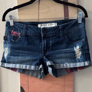 Kill City - Women's Cuffed Denim Shorts with Plaid Detailing